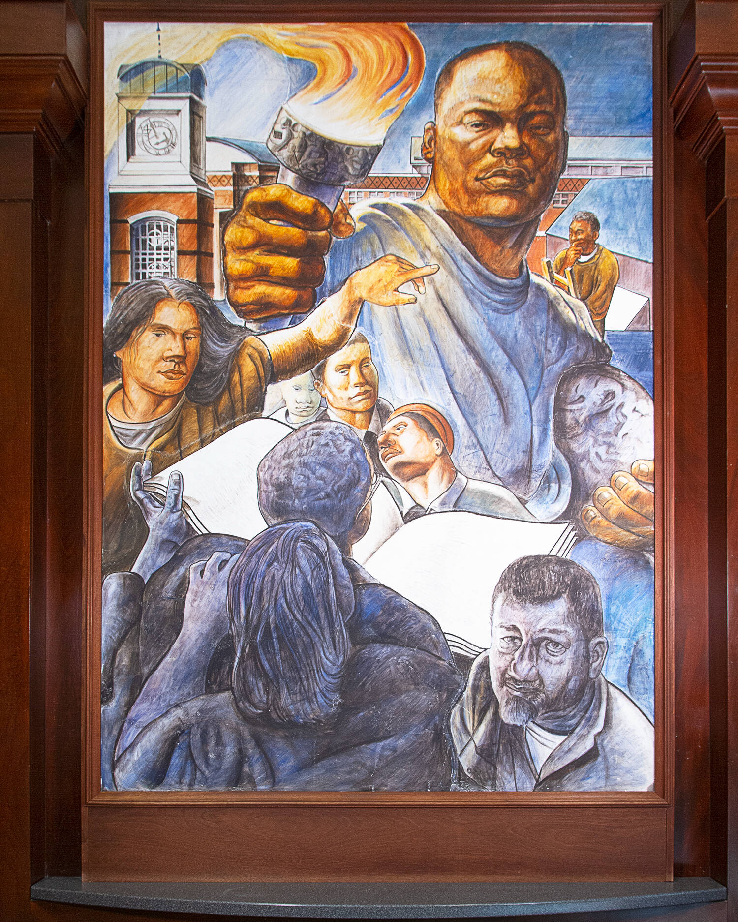 Man with torch in white robe with figures in the foreground. There is a clock tower in the background.